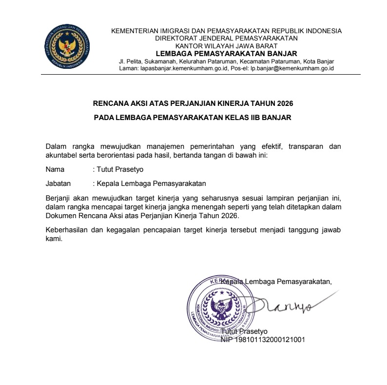 DOKUMEN RENCANA AKSI ATAS PERJANJIAN KINERJA TAHUN 2026 PADA LEMBAGA PEMASYARAKATAN KELAS IIB BANJAR
