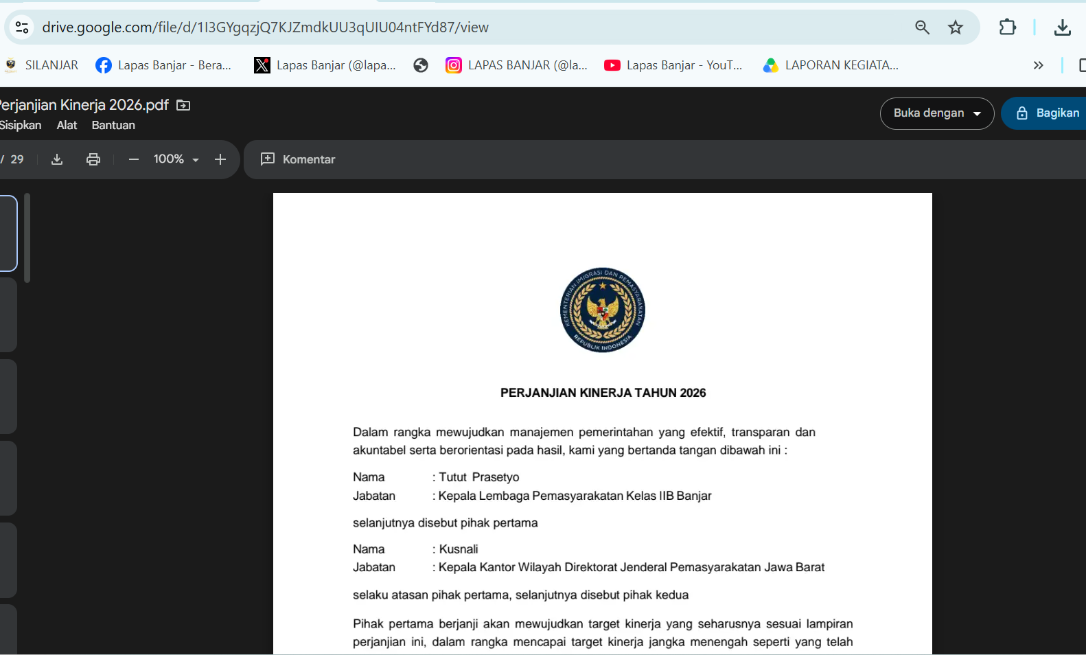 PERJANJIAN KINERJA TAHUN 2026